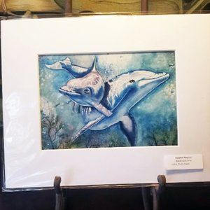 Dolphin Play - Watercolor Print - Matted to 8x10